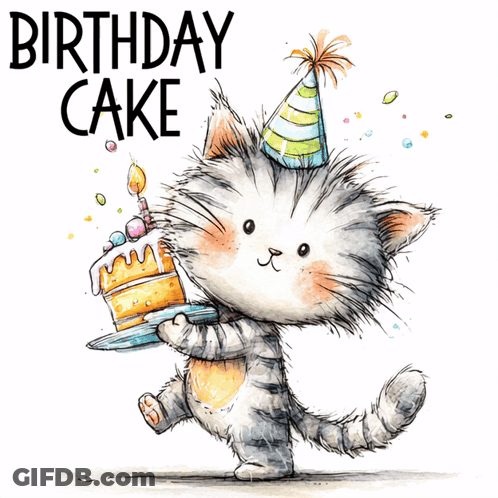 Cat In Party Hat Holding Birthday Cake GIF