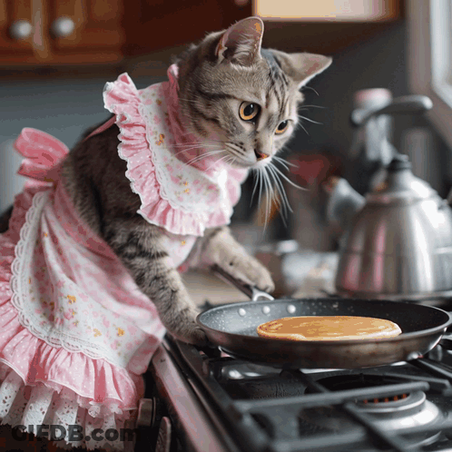 Cat In Pink Apron Cooking Pancakes GIF