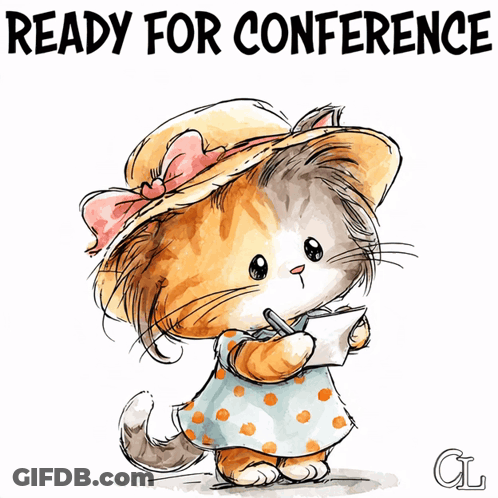 Cat In Polka Dot Dress And Straw Hat Ready For Conference GIF