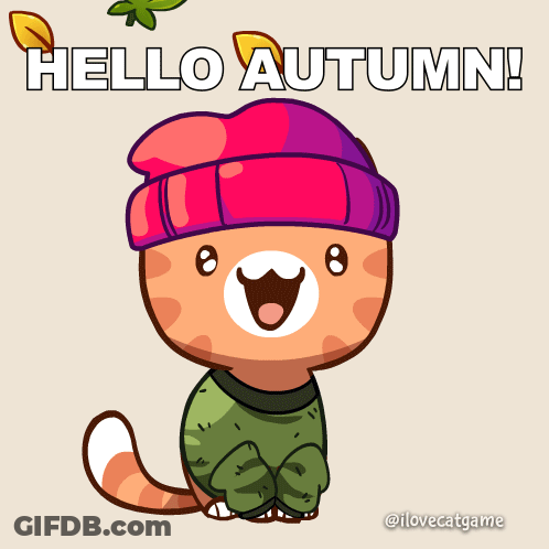 Cat In Purple Hat And Sweater Says Hello Autumn GIF