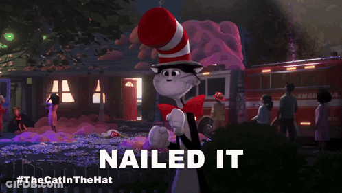 Cat In Red And White Hat Says Nailed It In Front Of Fire Truck GIF