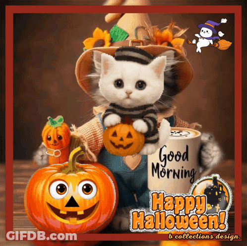 Cat In Scarecrow Costume Holding Pumpkin And Good Morning Cup GIF