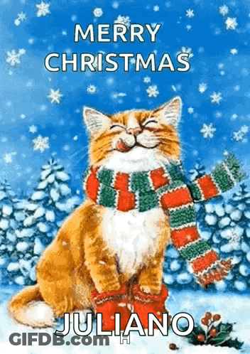 Cat In Scarf And Boots Saying Merry Christmas Juliano GIF