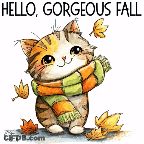Cat In Scarf Surrounded By Autumn Leaves Hello Gorgeous Fall GIF