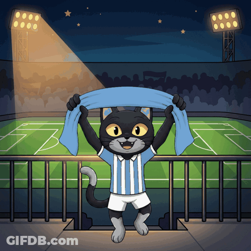 Cat In Soccer Uniform Holding Blue Scarf Over Head GIF