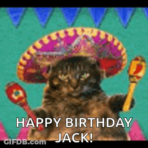 Cat In Sombrero Holding Maraca Happy Birthday Jack GIF