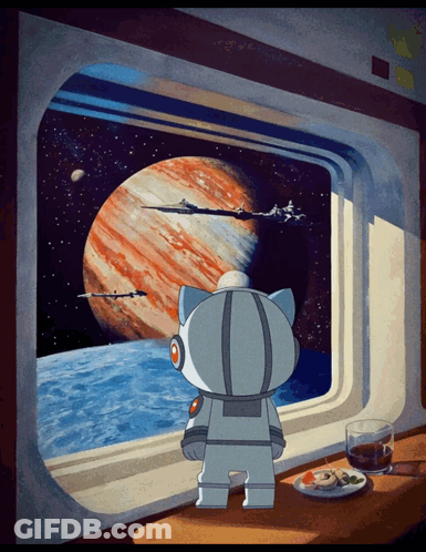 Cat In Space Suit Looking At Planet GIF
