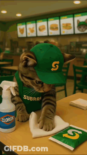 Cat In Subway Uniform Cleaning Table GIF