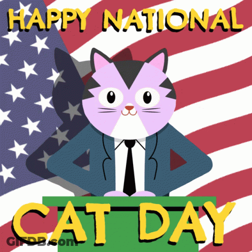 Cat In Suit And Tie Saying Happy National Cat Day With American Flag GIF
