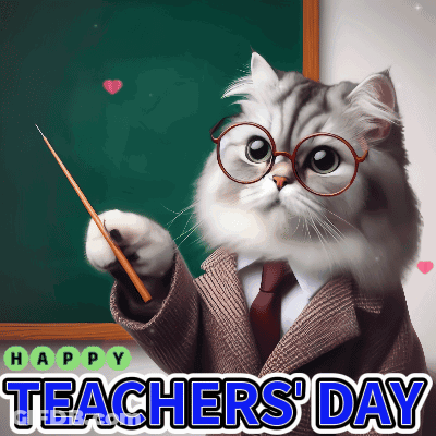 Cat In Suit Holding Pointer At Blackboard Happy Teachers Day GIF