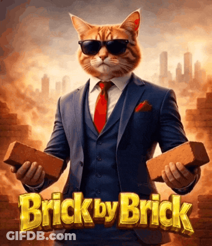 Cat In Suit Holding Two Bricks Brick By Brick GIF