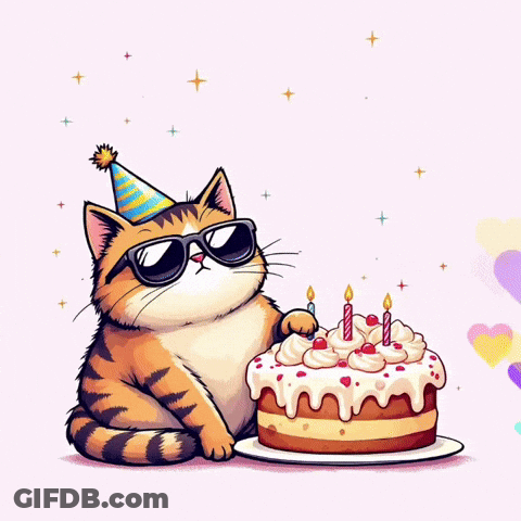 Cat In Sunglasses And Party Hat Next To Birthday Cake GIF
