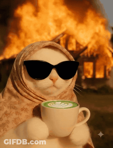 Cat In Sunglasses And Scarf Holding Coffee Before Burning House GIF