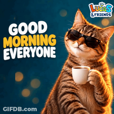 Cat In Sunglasses Holding Coffee Saying Good Morning GIF