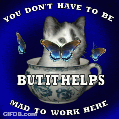 Cat In Teacup With Butterflies Saying But It Helps GIF