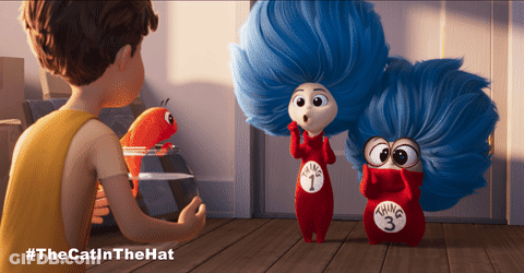 Cat In The Hat Boy Talking To Blue-Haired Characters GIF