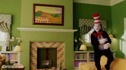 Cat In The Hat Standing By Fireplace GIF