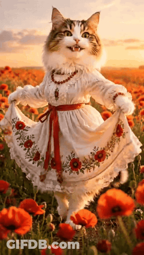 Cat In White Dress In Red Flower Field GIF