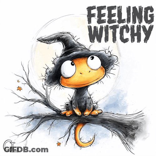 Cat In Witch Hat Saying Feeling Witchy GIF