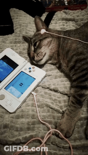 Cat Laying On Bed Next To Nintendo DS GIF