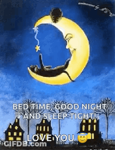 Cat Laying On Crescent Moon With Star GIF