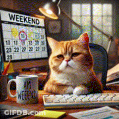 Cat Laying On Desk With Mug Saying Am Weekend GIF