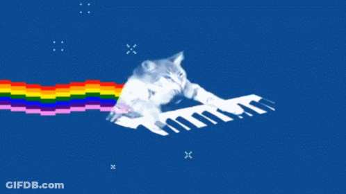 Cat Laying On Piano Keyboard With Rainbow GIF