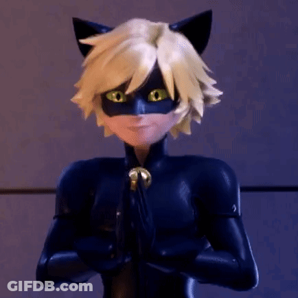 Cat Noir From Miraculous Ladybug Is Standing With His Hands Folded In Front Of His Face . GIF