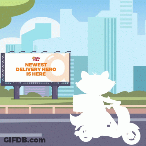 Cat On Scooter Next To Billboard Newest Delivery Hero GIF