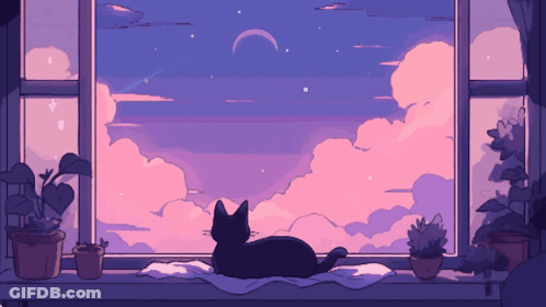 Cat On Window Sill At Purple Sky GIF