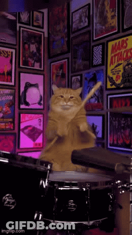 Cat Playing Drums In Front Of Mars Attacks Poster GIF