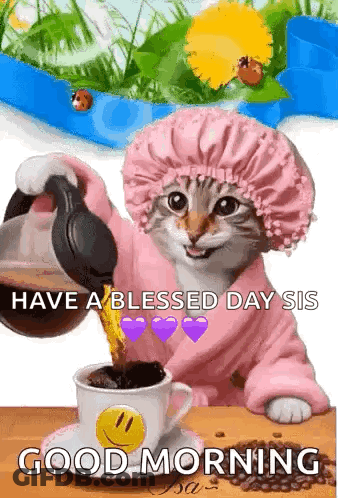 Cat Pouring Coffee Into Cup With Smiley Face GIF