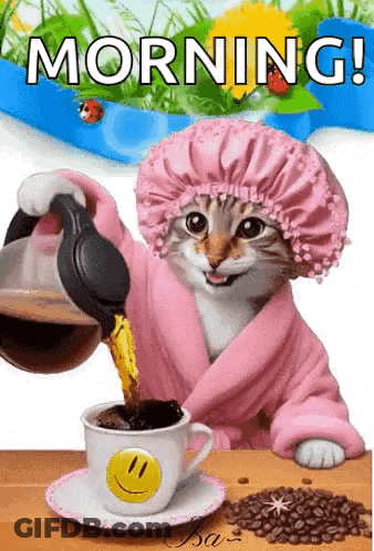 Cat Pouring Coffee Into Smiley Cup GIF