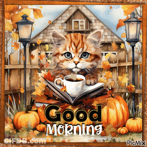 Cat Reading Book With Coffee Saying Good Morning GIF