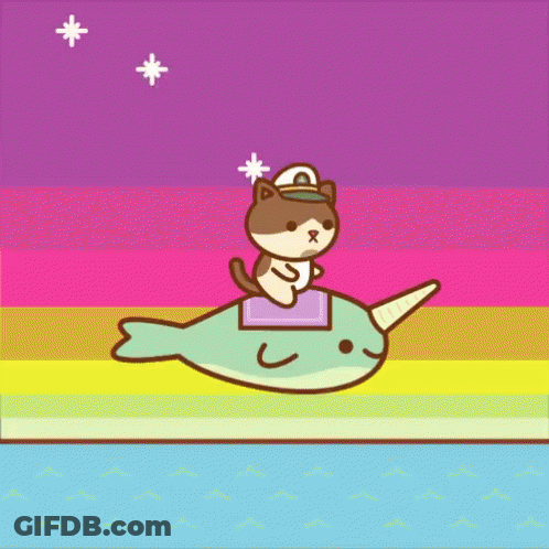 Cat Riding Narwhal Rainbow Background GIF