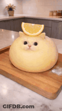 Cat Shaped Bread With Lemon Slice On Head GIF