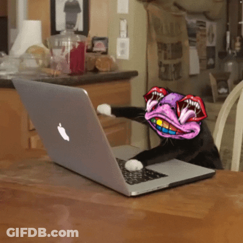 Cat Sitting At Apple Laptop With Cartoon Face GIF