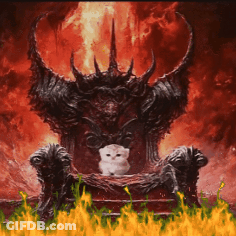 Cat Sitting On Demon Throne With Flames GIF