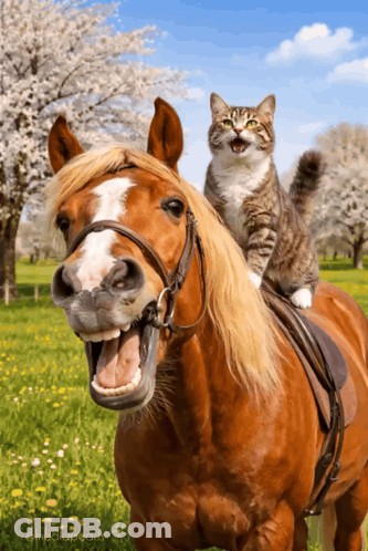 Cat Sitting On Horse GIF
