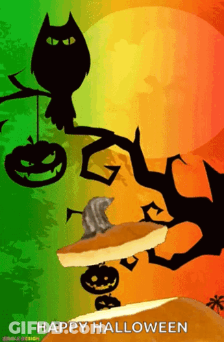 Cat Sitting On Pumpkin Pie Happy Halloween GIF