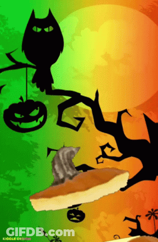 Cat Sitting On Tree Branch Next To Pumpkin And Owl Kiogle Design GIF