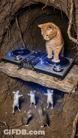 Cat Sitting On Turntable Surrounded By Dancing Mice GIF