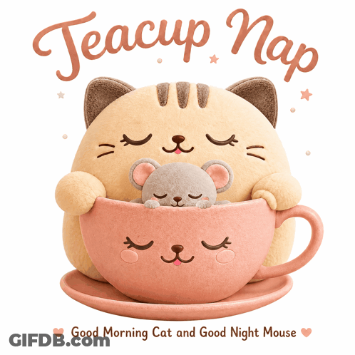 Cat Sleeping In Teacup With Mouse GIF