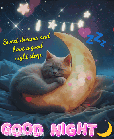 Cat Sleeping On Crescent Moon Sweet Dreams And Good Night Sleep GIF