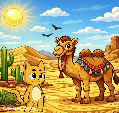 Cat Standing Next To Camel In Desert GIF