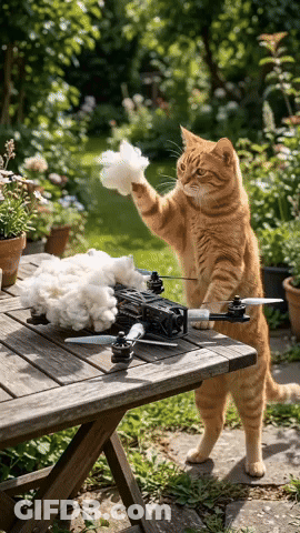 Cat Standing On Hind Legs Next To Drone GIF