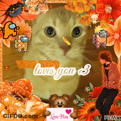 Cat Surrounded By Flowers Saying Love You 3 GIF