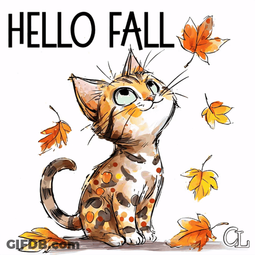 Cat Surrounded By Leaves Saying Hello Fall GIF
