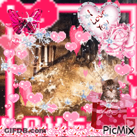 Cat Surrounded By Pink Hearts Saying I Love You GIF