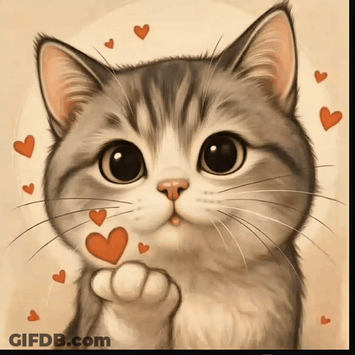 Cat Surrounded By Red Hearts Holding Heart GIF